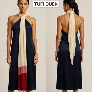 Tufi Duek 100% Silk Halter Strapless Dress Open Back Size 40 Pleated Panel